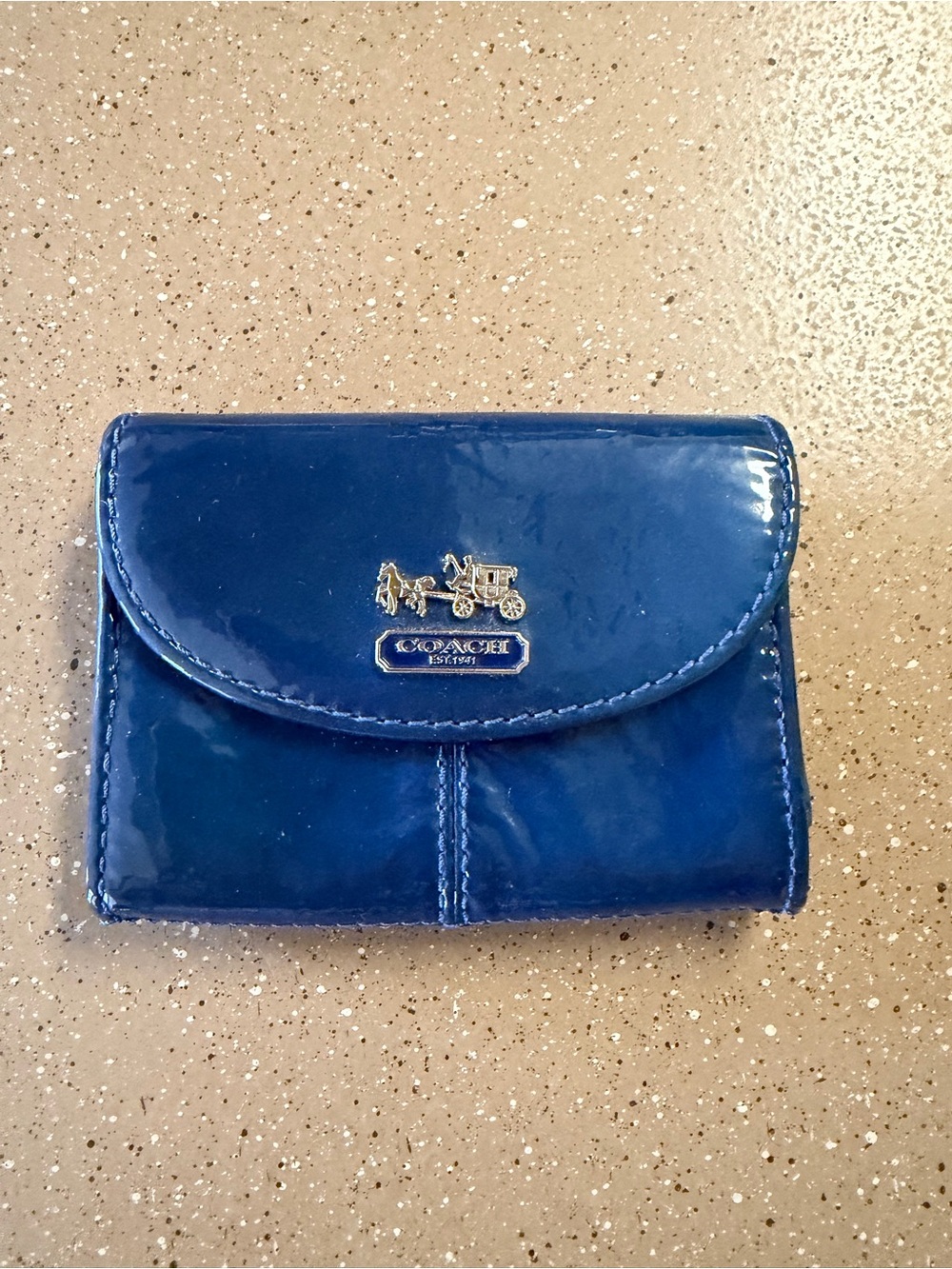 Coach Patent Leather Mini Card Wallet in Blue with Silver Horse & Carriage logo